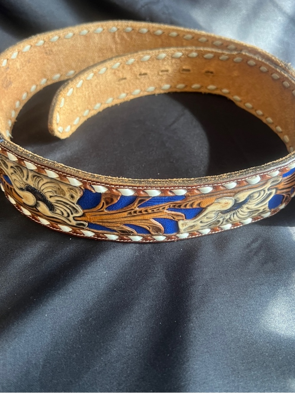 Tony Lama Brown Hand-Tooled Western Belt Size 34 with German Silver Buckle